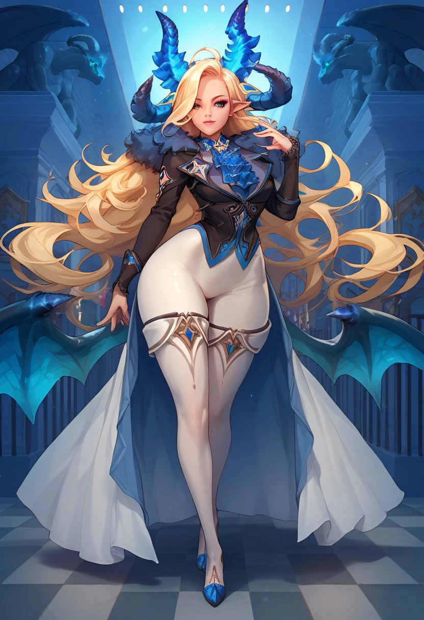 score_9, score_8_up, score_7_up, score_6_up, score_5_up, score_4_up, source_anime, solo, bianca, blonde, Succubus, horns, beautiful face, huge hips, huge ass, detailed background