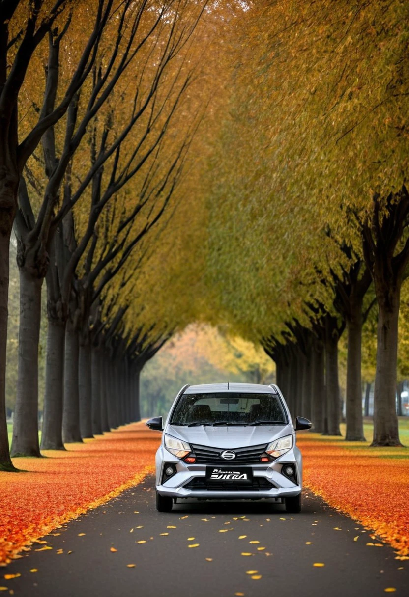 high resolution, best quality, Car, Daihatsu Sigra, Autumn, tree-lined avenue, falling leaves,