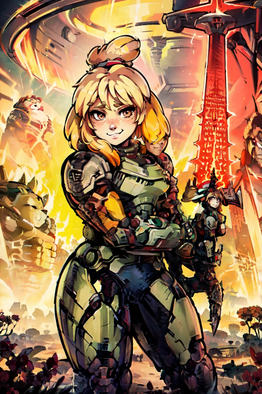 <lora:Isabelle_Doom_Slayer:1>,  zzIsabelleDoom, brown eyes, topknot, dog ears,  looking at viewer, smile, smirk, power armor, weapon over shoulder, power armor, energy sword, crucible (doom), science fiction, sunset, retro artstyle, poster (medium), movie poster, side view,