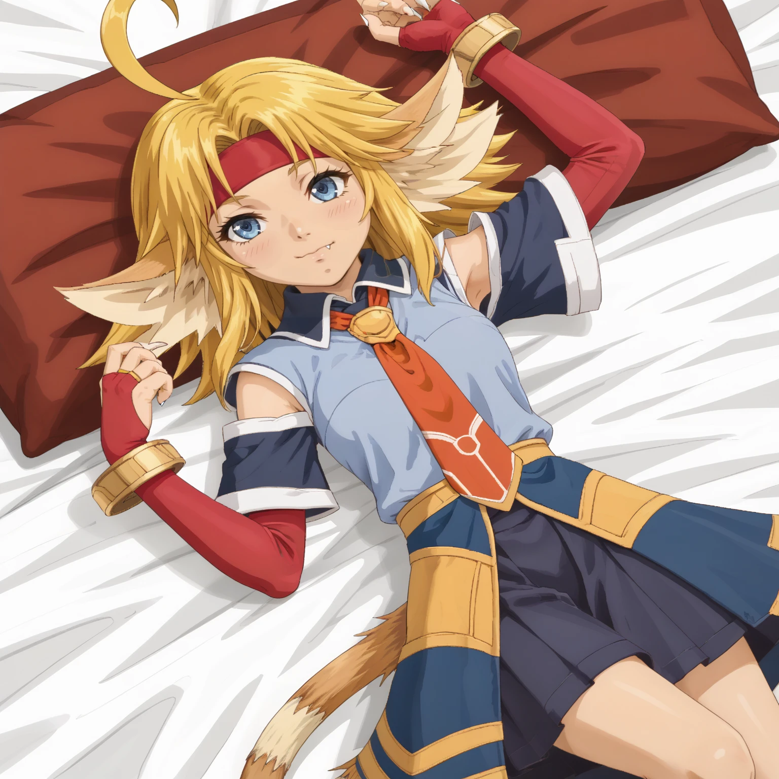 1girl, solo, on back, bed <lora:NikkiXLpony:1> Nikki, beastgirl, blonde hair, ahoge, red headband, blue eyes, fang, animal ears, animal tail, necktie, school uniform, bracelets, elbow fingerless gloves, pleated skirt, blue leg warmers, fur trim, barefoot, animal feet, foot claws