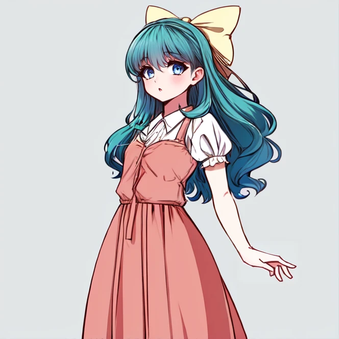 cowboy shot, solo, <lora:onoderaKaren:0.7>, onodera_karen, blue eyes, green hair, long hair, hair bow, bow, white shirt, short sleeves, puffy sleeves, brown vest, pink skirt, long skirt, flat chest, standing, simple background, highres, Digital art, trending on artstation, best quality, insanely detailed, masterpiece, stunning environment, wide-angle,