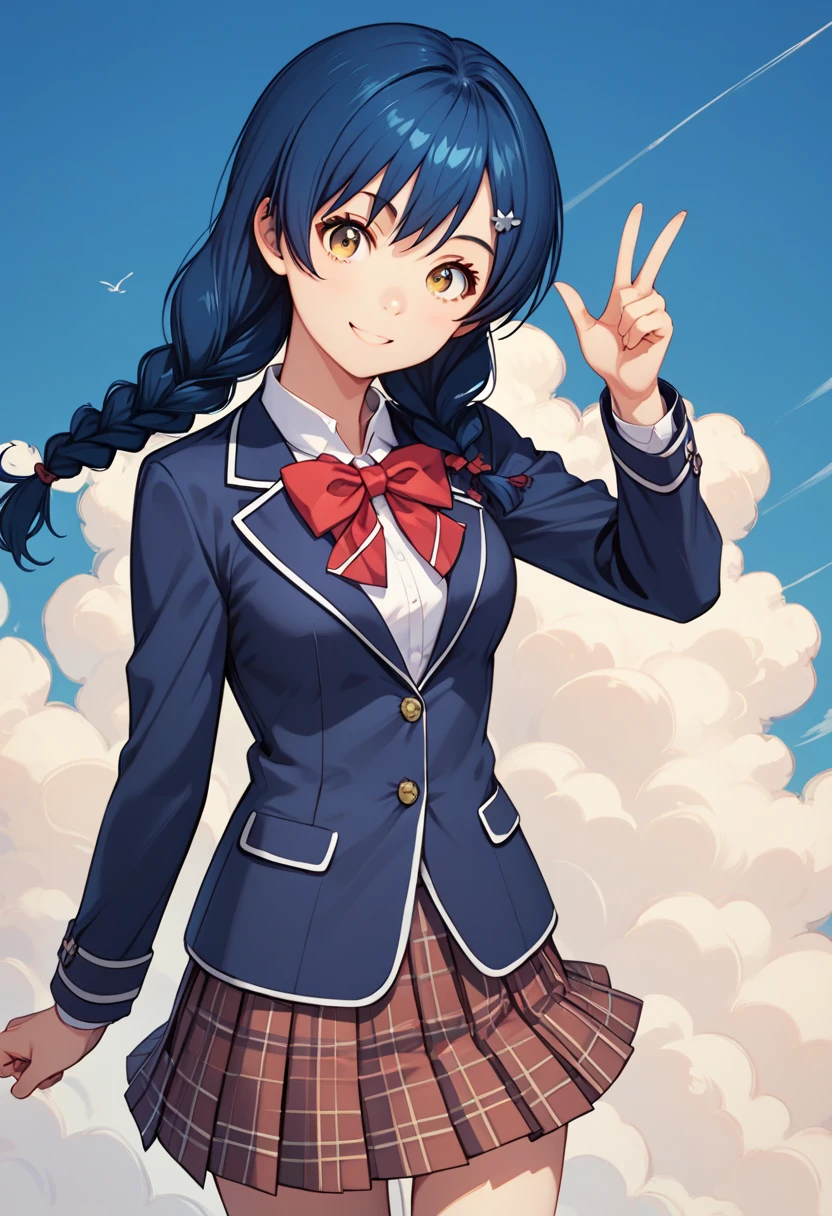 (tadokoro megumi),
score_9, score_8_up, score_7_up,masterpiece, best quality, ultra detailed, 
A picture of a girl, solo, dynamic pose,  dynamic angle, the girl is wearing a school uniform, dark blue jacket, red bow, dark blue pleated skirt, light smile, 
A Japanese 1girl has blue hair which was bound into twin braids, yellow eyes and brown pupils, round face, (tender and slender:1.21) body with medium breasts, <lora:TadokoroMegumi_Pony_r1:1>