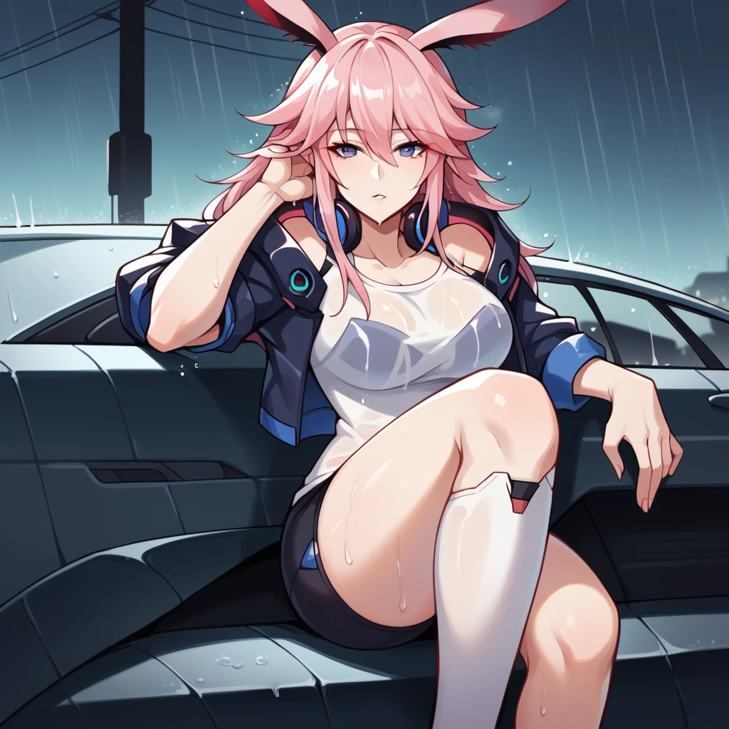 score_9_up, score_8_up, score_7_up, score_6up, source_anime, 1girl, solo, Yae_Sakura, Yae_Def, masterpiece, best quality, night time, sitting on top of car, street lamp, raining, rain splash, wet, reclining, hand in hair, bend knee, seductive, parted lips, long hair, pink hair, yae sakura, white shirt, hair between eyes, see-through shirt, black shorts, jacket, white thighhighs, single thighhigh, fox ears, headphones around neck, single glove, dynamic cowboy shot, mature body, outdoors, cyberpunk, road background,