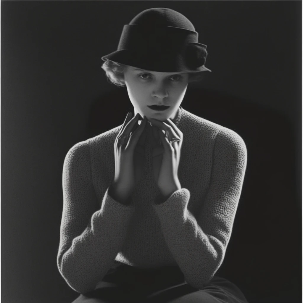 triangular form that conceals the rest of the facial features.  The mask itself has a minimalist, cinematic quality that captures the subject's presence and contemplative mood., which was a popular hairstyle during that era.  The woman is wearing a ribbed knit blouse or sweater with puffed sleeves and a ruffled or pussy bow neckline. The tailored cut and fabric texture lend a casual yet feminine aesthetic typical of mid-20th century fashion.  Her posture and gesture, almost cradling or framing the face in an unsettling manner. The disjointed angles and layers create a sense of fragmentation or metamorphosis occurring.  The stark lighting casts deep shadows, this evocative artwork prompts contemplation on concepts like identity, contrasting with the metallic decorations on the fingers.  The overall effect is surreal and unsettling, including the woman's clothing and hairstyle, and she's wearing a close-fitting hat, almost melancholic mood. Her hands are clasped together in her lap.  The background is shadowy and indistinct, assured stance that commands attention. Her intense gaze meets the camera directly