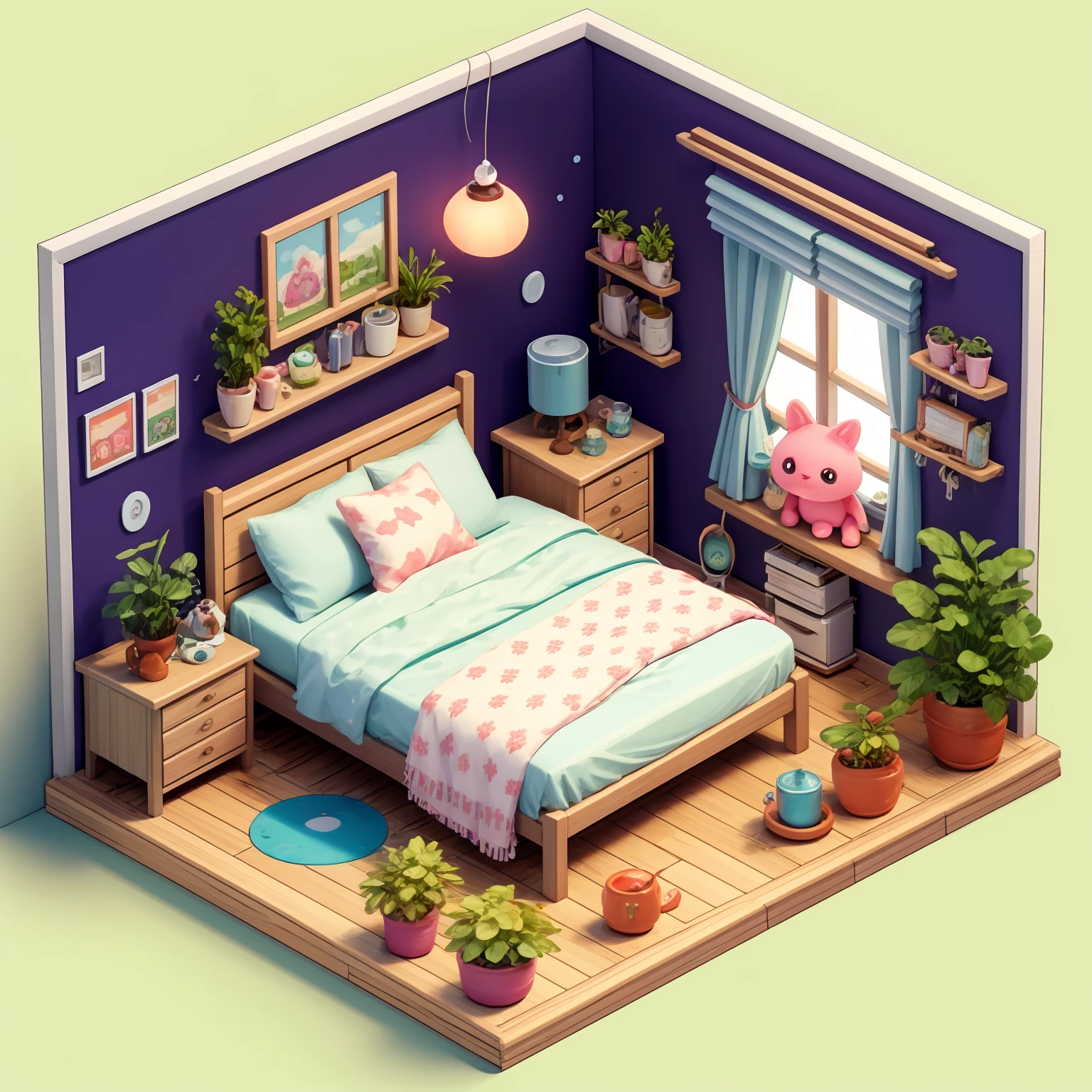 HEZI, game scene, Indoor scene, 45 degree scene, Cute style, potted plant, plant, pillow, stuffed toy, book, no humans, window, clock, stuffed animal, watering can, alarm clock, indoors, cup, lamp, mug, sitting, chair, bed, bookshelf, shelf, desk lamp, desk, rug, kettle, bag, blanket, food, bottle, coffee mug, photo \(object\), stove, jar, on bed, cabinet, bedroom, plate, box, table, drawer, teddy bear, stool, cactus, flower, scenery, bucket, flower pot, basket, holding, picture frame, wooden floor, artist name, refrigerator, lantern, character doll, teapot, ladder, mirror, windowsill, curtains, open window, stairs, open book, book stack, loaded interior, note, day, analog clock, animal, cushion, picture \(object\), bed sheet, bird, candle, closed mouth