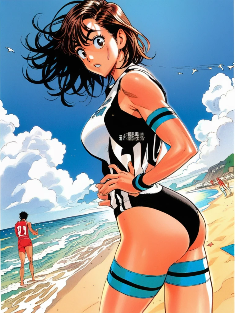 sports jersey woman, beach, bikini bottoms, manga
 score_8_up <lora:Eyeshield21 Manga ft:1>