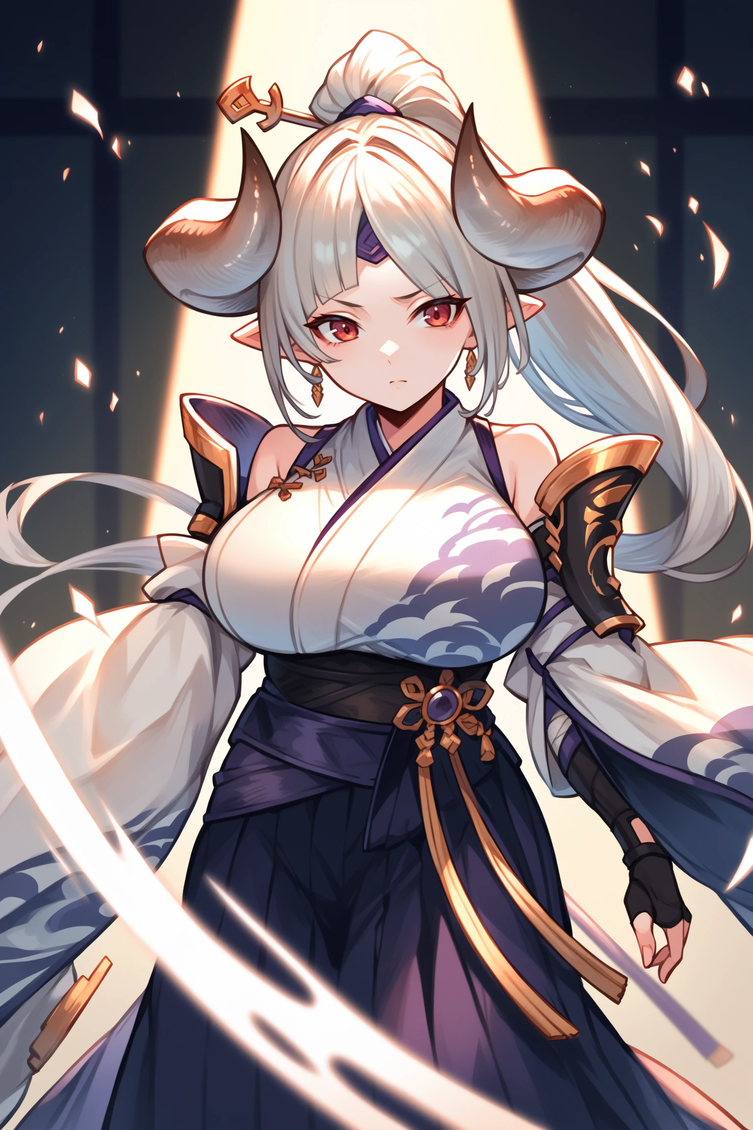 score_9, score_8_up, score_7_up, rating_sensitive,1girl ,azsd, high ponytail, long hair, curled horns, hairpin, forehead ornament, pointy ears, earrings, white kimono, detached sleeves, wide sleeves, shoulder armors, bandaged arm, glove, fingerless glove, multiple belts, layered hakama, long skirt, tabi, sandals, source_anime, <lora:AzusaPDCAMEq2v1 GBF:1>, cowboy shot, abstract, spotlight, alluring, indoors