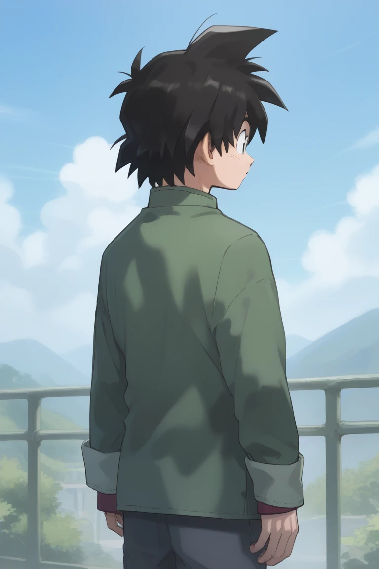 score_9, score_8_up, score_7_up, score_6_up, zPDXL2, detailed, intricate details,cowboy shot,best quality ,source_anime, male focus,
goten_super, black hair, black eyes, chinese clothes, green shirt, male focus, 1boy, spiked hair, long sleeves, pants, profile, outstretched hand, looking away, from behind, shirt, looking afar, outstretched arm, solo, short hair, standing, facing away<lora:EMS-414483-EMS:1.000000>