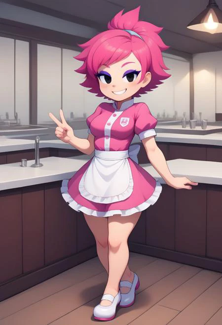 solo, best quality, pink hair, black eyes, violet eyeshadow, short hair, ponytail, medium breast, pink waitress outfit, white shoes, smile,