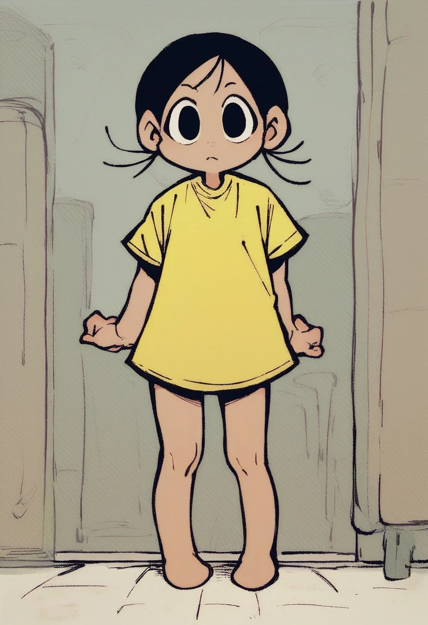 magali, solo, looking at viewer, shirt, black hair, 1girl, standing, short sleeves, female focus, indoors, black eyes, t-shirt, yellow shirt, full body