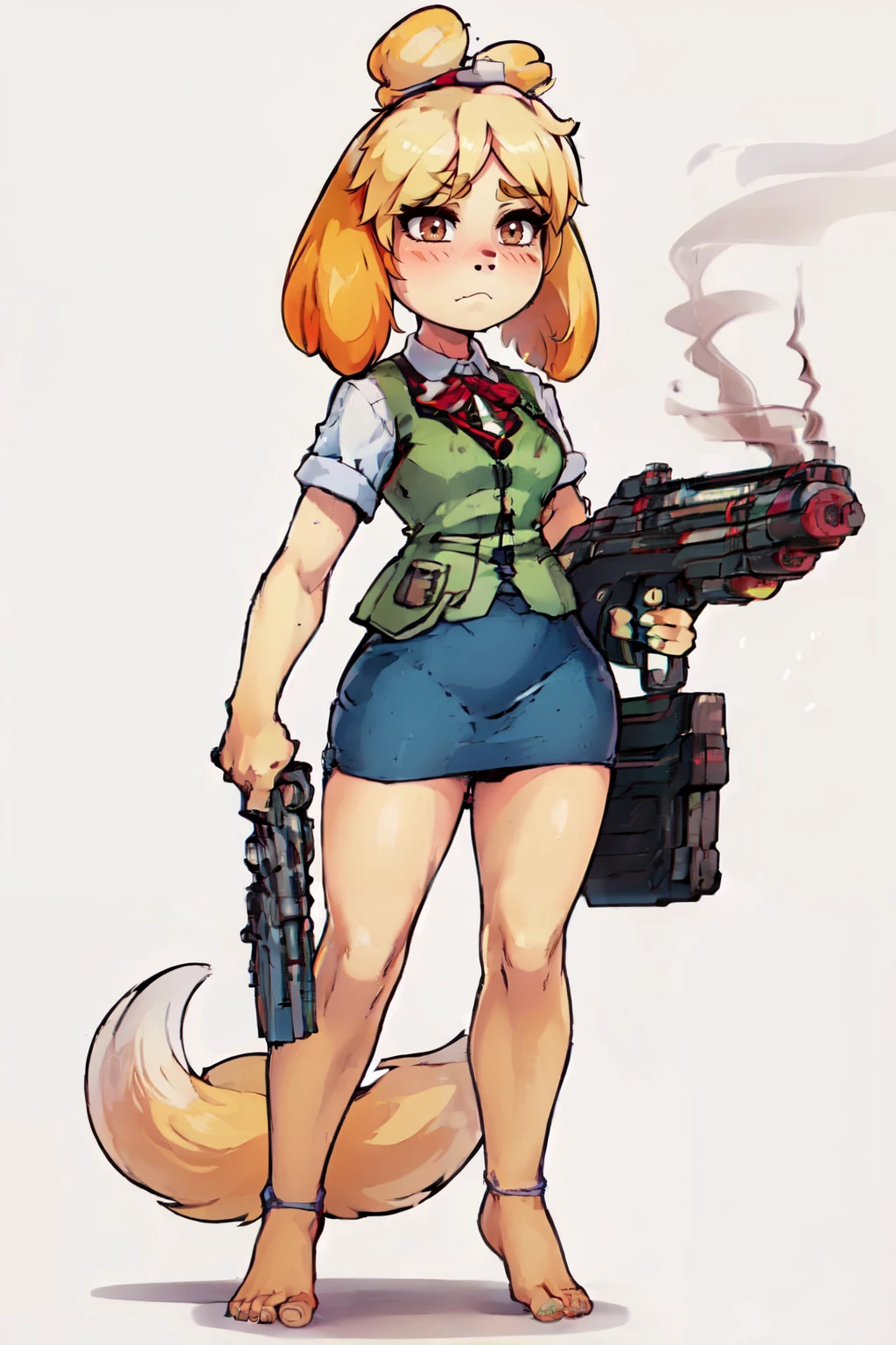 <lora:Isabelle_Doom_Slayer:1>,  zzIsabelleDoom, brown eyes, topknot, dog ears,  (BFG:1.2), gun focus,  :3, barefoot, blue skirt, blush stickers, brown eyes, dog tail, full body, green vest, gun, hair bobbles, hair tie, holding, holding gun, holding weapon, jestami, neck ribbon, nintendo, plaid clothes, plaid vest, red ribbon, ribbon, simple background, skirt, smoke, standing, tail, vest, weapon, white background, chibi, big gun,