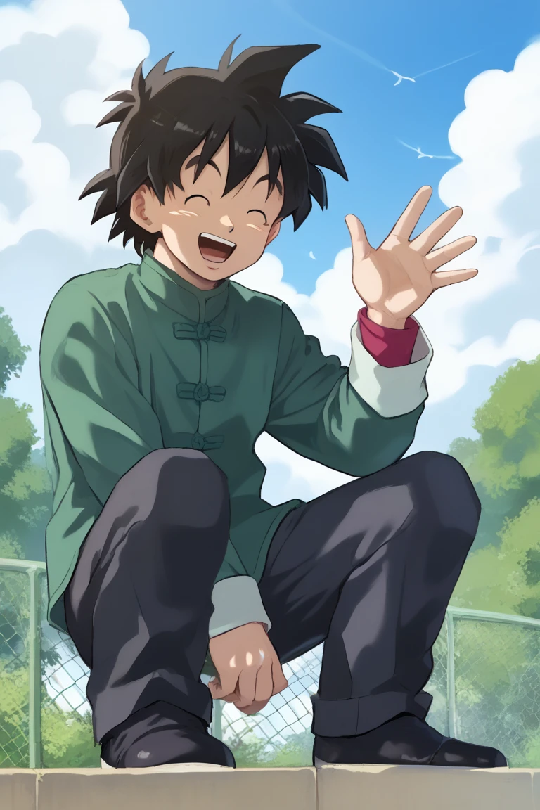 score_9, score_8_up, score_7_up, score_6_up, zPDXL2, detailed, intricate details,cowboy shot,best quality ,source_anime, male focus,
goten_super, black hair, black eyes, chinese clothes, green shirt, sky, male focus, outdoors, happy, day, cloud, 1boy, open mouth, closed eyes, cloudy sky, fence, smile, solo, blue sky, full body, upper teeth only, teeth, facing viewer, waving, long sleeves, tree, ^ ^, spiked hair, :d, pants, shoes, sitting, black footwear<lora:EMS-414483-EMS:1.000000>