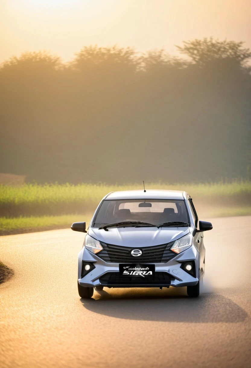 high resolution, best quality, Car, Daihatsu Sigra, early morning, countryside, road, high speed,
