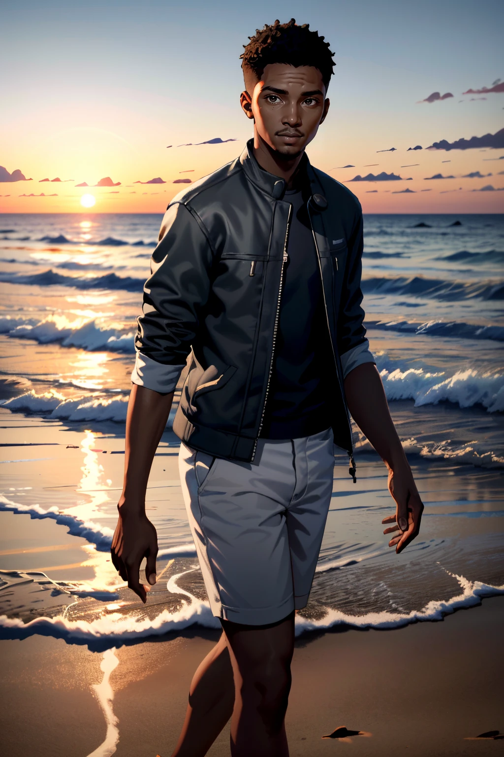 ((ultra detailed, masterpiece, absurdres))
<lora:WDMarkus:0.8>
WDMarkus, 1boy, very dark skin, brown eyes, short hair, looking at viewer, walking along a sandy beach at sunset, with waves crashing in the background