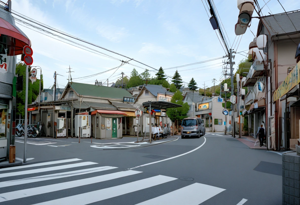 masterpiece, best quality, very aesthetic, absurdres,
koyoenst, storefront, exterior, road, outdoors, street, sky, power lines, road sign, crosswalk, sign, cloud, tree, utility pole, traffic light, building, day, lamppost, car, blue sky, house, real world location, cloudy sky, scenery
 <lora:kouyouen_st_SDXL_V1:1>