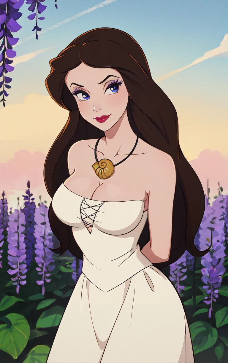 (masterpiece, best quality:1.4), insaneres, absurdres, solo, looking at viewer, BREAK 
WhiteDress_Vanessa_ownwaifu, 
1girl, blue eyes, brown hair, long hair, narrow waist, shell necklace, lipstick, makeup, jewelry, necklace, colored skin, large breasts, red lips, 
cleavage, strapless dress, white dress, bare shoulders,
(leaning forward, arms behind back), cowboy shot, garden, wisteria, outdoors, <lora:CARTOON_LittleMermaid_Vanessa_ownwaifu:0.85> , depth of field