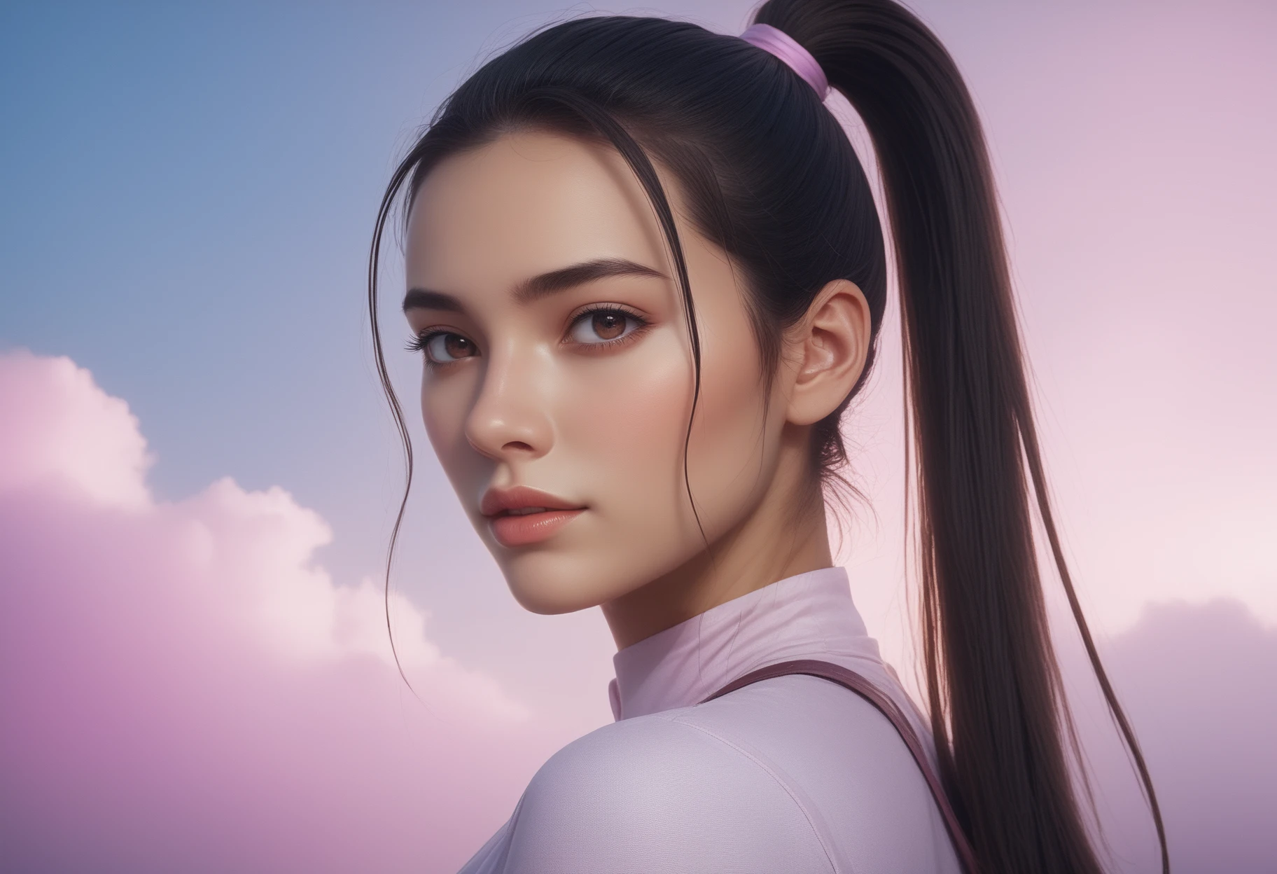 (((masterpiece))) , (((best quality))) , 2d, 8k. 1 woman, high ponytail, brown eyes, surrounded by pink mist, SeijSDXL  <lora:SeijSDXL-000001:0.8>