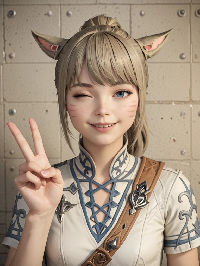 score_9, score_8_up, score_7_up, best lighting,  dutch angle, wide shot, detailed background, cinematic, <lora:FFXIV_Zhloe_PonyXL_V1:1> zhl0e, 1girl, solo, miqo'te, cat ears, blue eyes, looking at viewer, smiling, smug, posing, winking, peace sign