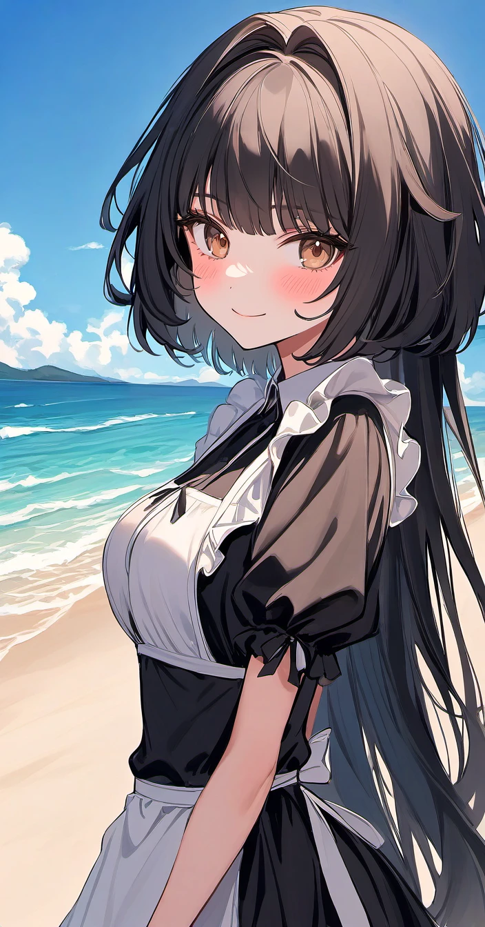 <lora:kuragecut_v1:1> ,kuragecut,1girl,solo,long_hair,very long hair,outdoors,sunny,day,beach,standing,cowboy shot, blush,smile,bangs,breasts,medium_breasts,black_hair,,brown eyes,maid, looking at viewer,bob cut,hair intakes,from_side