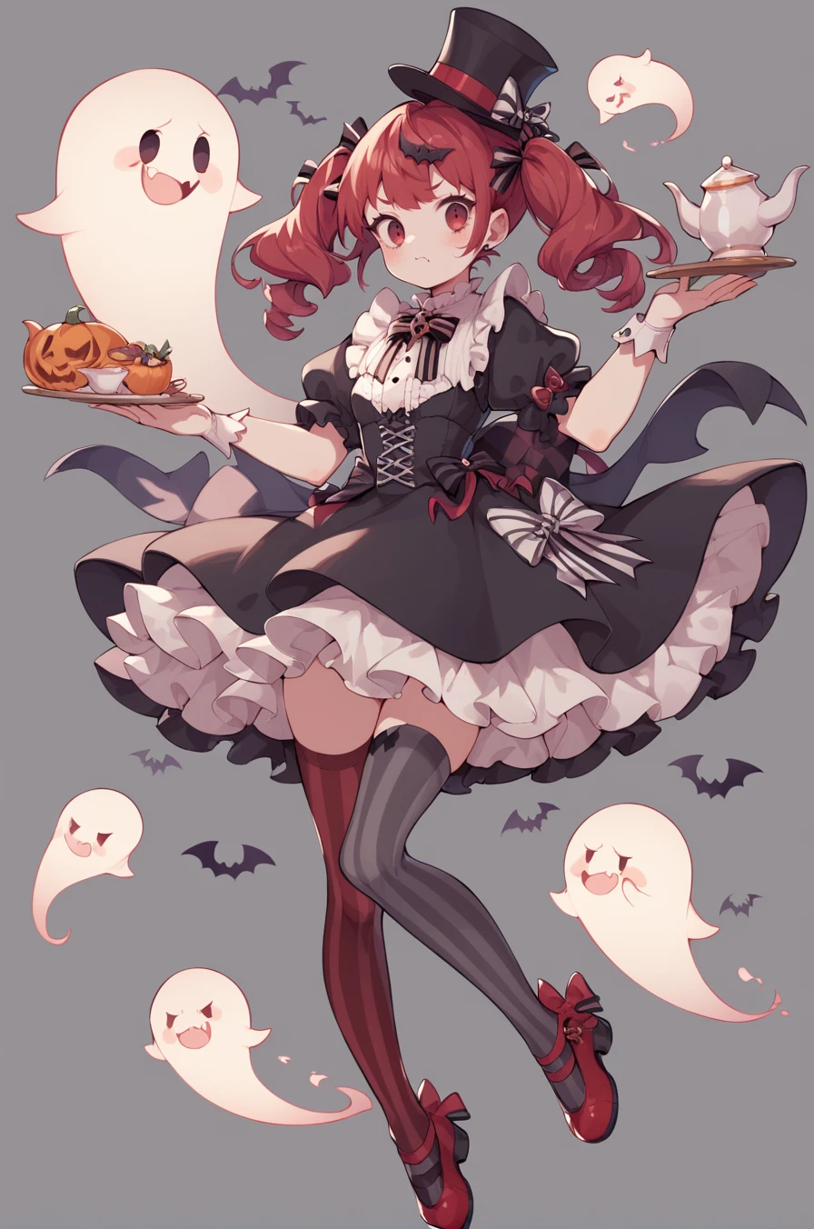 score_9, score_8_up, score_7_up, score_6_up, 1girl, argyle, argyle legwear, asymmetrical legwear, bow, dress, food, full body, ghost, halloween, hat, red hair, twintails, red shoes, solo, striped, striped_legwear, teapot, top hat, tray, vertical-striped legwear <lora:Uekura_eku_Style-000009:0.8>, dynamic pose,