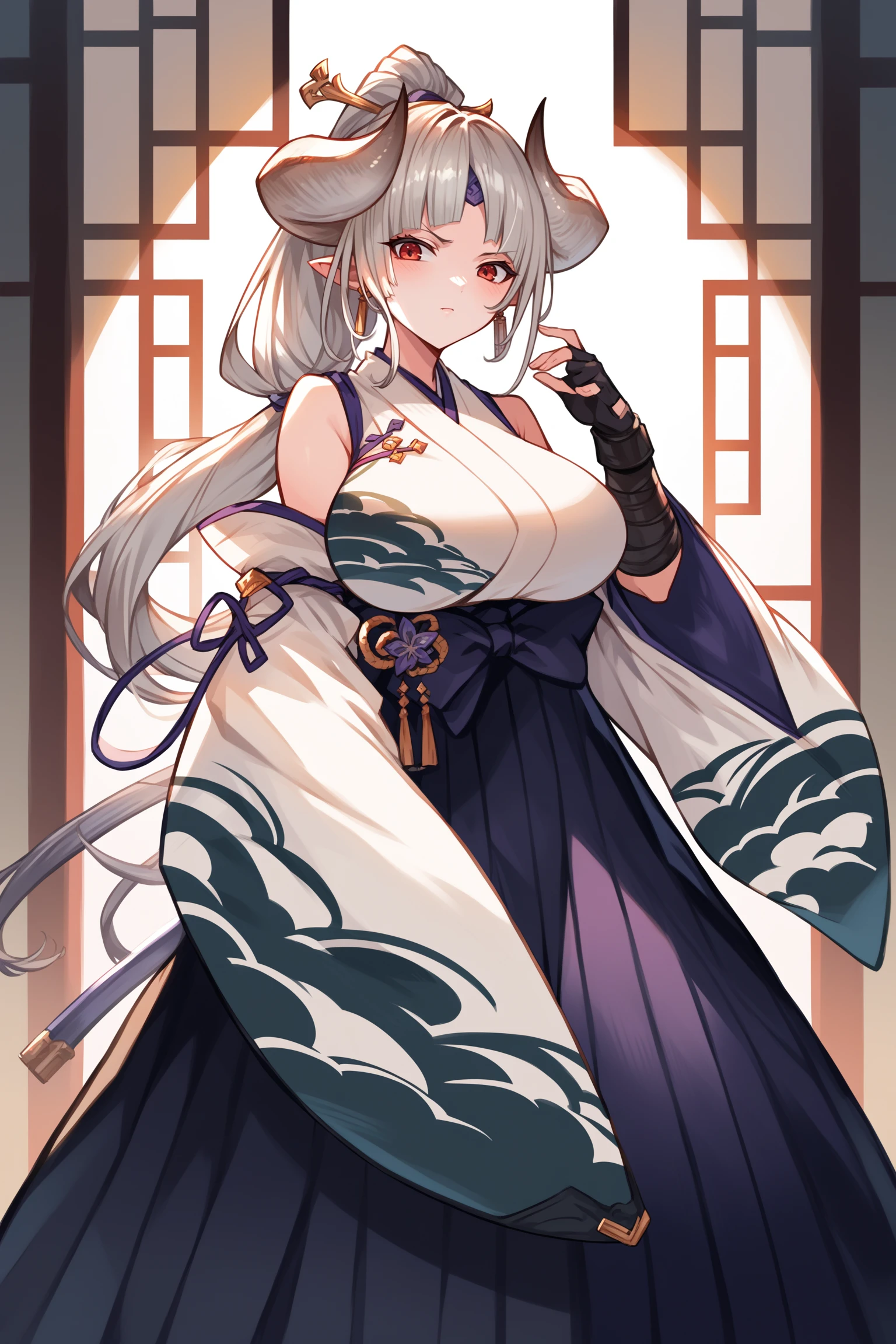 score_9, score_8_up, score_7_up, rating_sensitive,1girl ,azsd, high ponytail, long hair, curled horns, hairpin, forehead ornament, pointy ears, earrings, white kimono, detached sleeves, wide sleeves, shoulder armors, bandaged arm, glove, fingerless glove, multiple belts, layered hakama, long skirt, tabi, sandals, source_anime, <lora:AzusaPDCAMEq2v1 GBF:1>, cowboy shot, abstract, spotlight, alluring, indoors