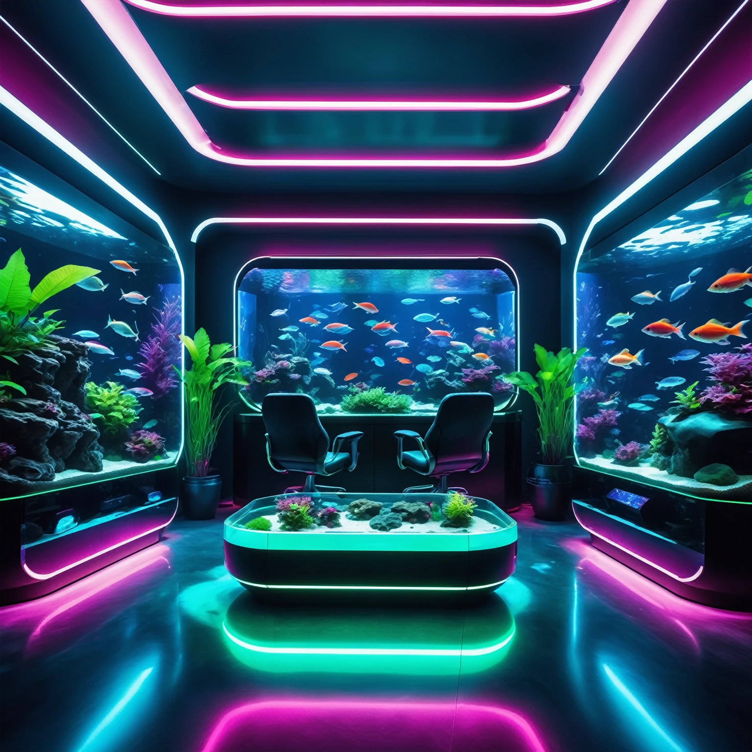 a futuristic gaming room surrounded by a giant aquarium filled with fishes and plants, beautiful detailed, rich deep colors, beautiful, highly detailed, Jed-NeonInt, neon,   <lora:FuturisticNeonInterior:0.5>