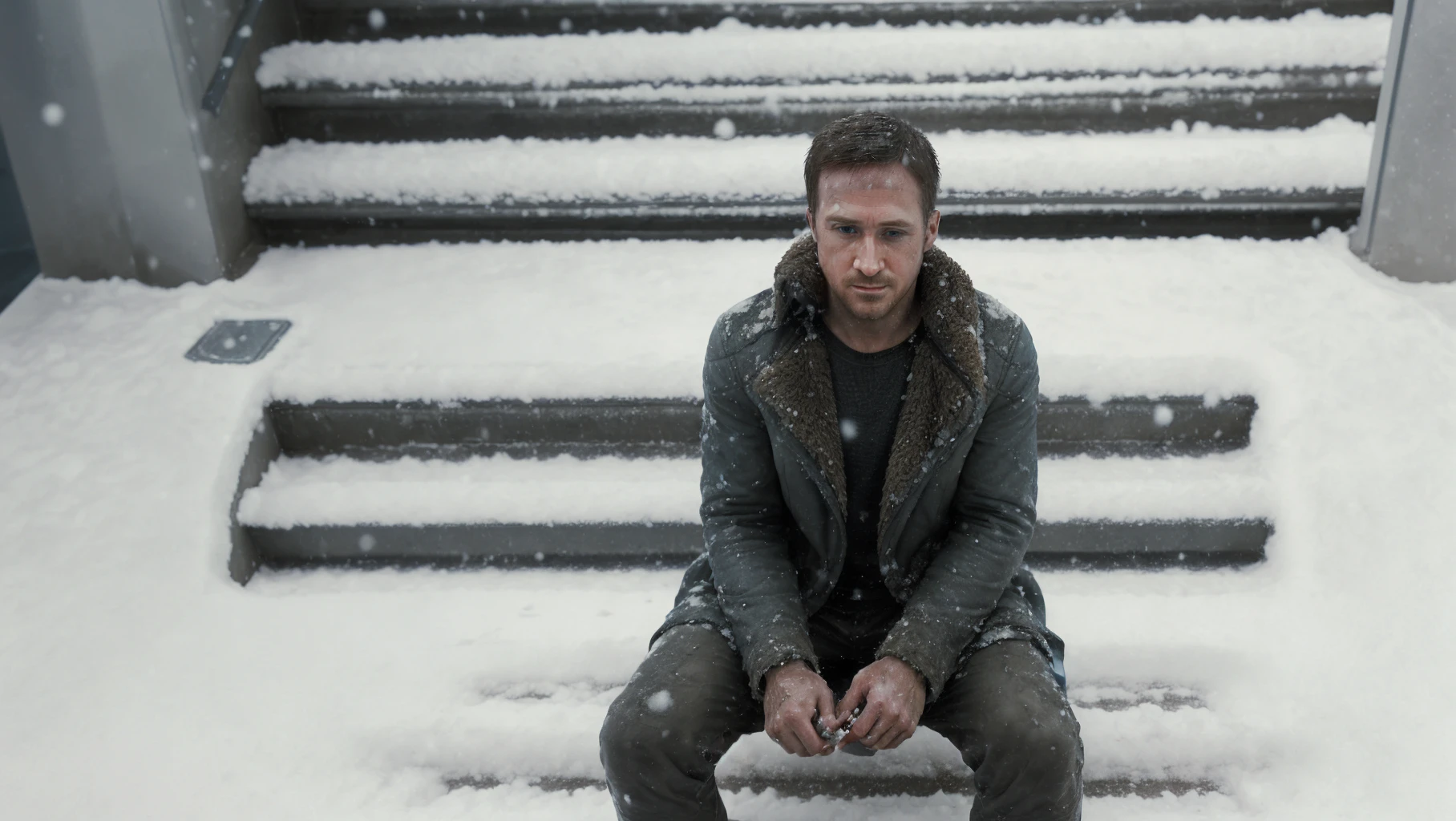 kd6dash3dot7, a man sitting on steps in the snow, closeup, medium shot, snow falling  <lora:kd6dash3dot7-000003:1>