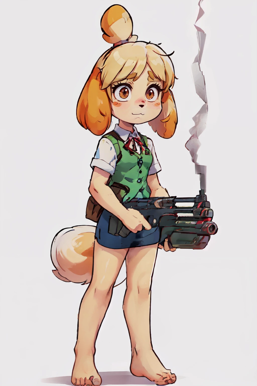 <lora:Isabelle_Doom_Slayer:1>,  zzIsabelleDoom, brown eyes, topknot, dog ears,  (BFG:1.2), gun focus,  :3, barefoot, blue skirt, blush stickers, brown eyes, dog tail, full body, green vest, gun, hair bobbles, hair tie, holding, holding gun, holding weapon, jestami, neck ribbon, nintendo, plaid clothes, plaid vest, red ribbon, ribbon, simple background, skirt, smoke, standing, tail, vest, weapon, white background, chibi, big gun,