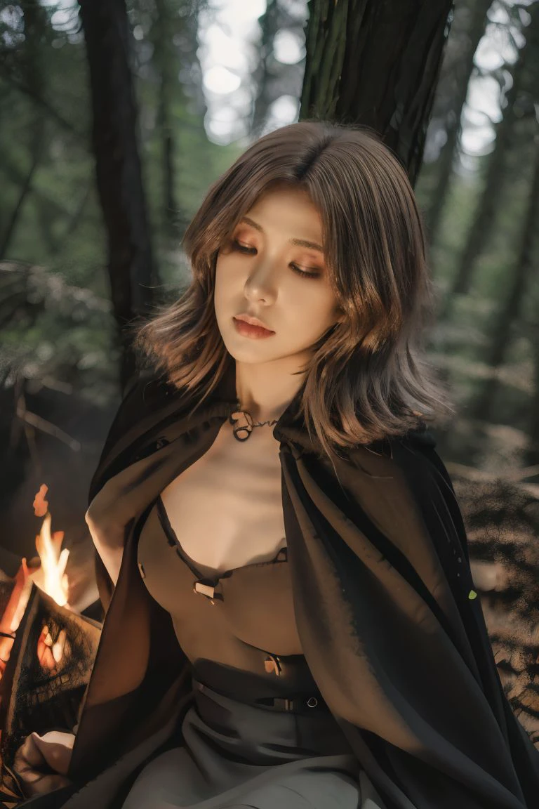 1girl, solo, medium breasts, looking at viewer, realistic, photorealistic, brown hair, closed eyes, lips, closed mouth, cloak, grey dress, navel,  hyper detailed, super sharp, crisp, smooth, smooth gradients, depth of field, (in forest: 1.1), (campfire), (outdoors: 1.1), <lora:nekoyoshi_eldenring:1>  , <lora:breastsizeslideroffset:-0.25>, <lora:add_detail_v5:1>