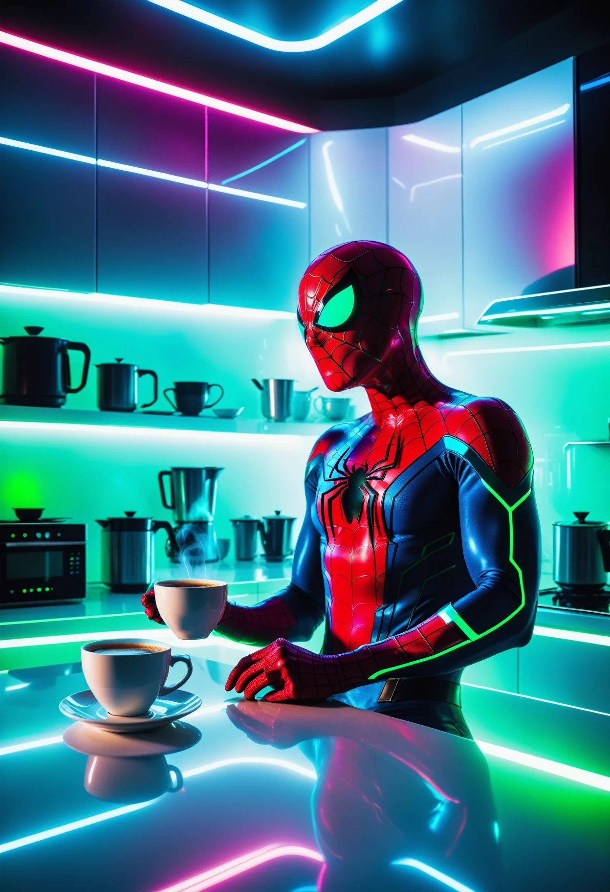 a close up of spiderman drinking a coffee in a futuristic kitchen ,Neon,  Jed-NeonInt ,  <lora:FuturisticNeonInterior:0.6>