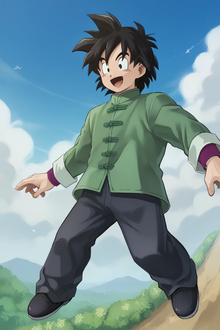 score_9, score_8_up, score_7_up, score_6_up, zPDXL2, detailed, intricate details,cowboy shot,best quality ,source_anime, male focus,
goten_super, black hair, black eyes, chinese clothes, green shirt, male focus, 1boy, open mouth, sky, spiked hair, full body, smile, flying, solo, blue sky, day, happy, pants, outstretched arms, :d, black footwear,Butcha<lora:EMS-414483-EMS:1.000000>