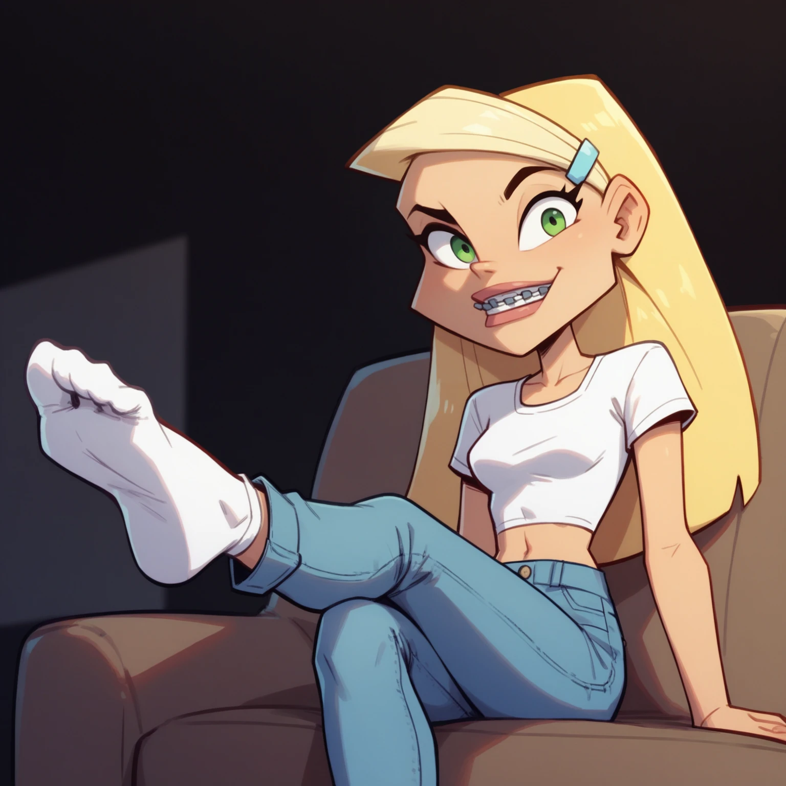 score_9, score_8_up, score_7_up, 
blonde hair, long hair, green eyes, braces, hairclip, small breasts, 
crop top, skinny jeans, white socks, short sleeves, 
dark background, living room,  
1girl, looking at viewer, sitting, leaning back, foot focus,  
xsharonx <lora:sharonv3-000011:0.7>