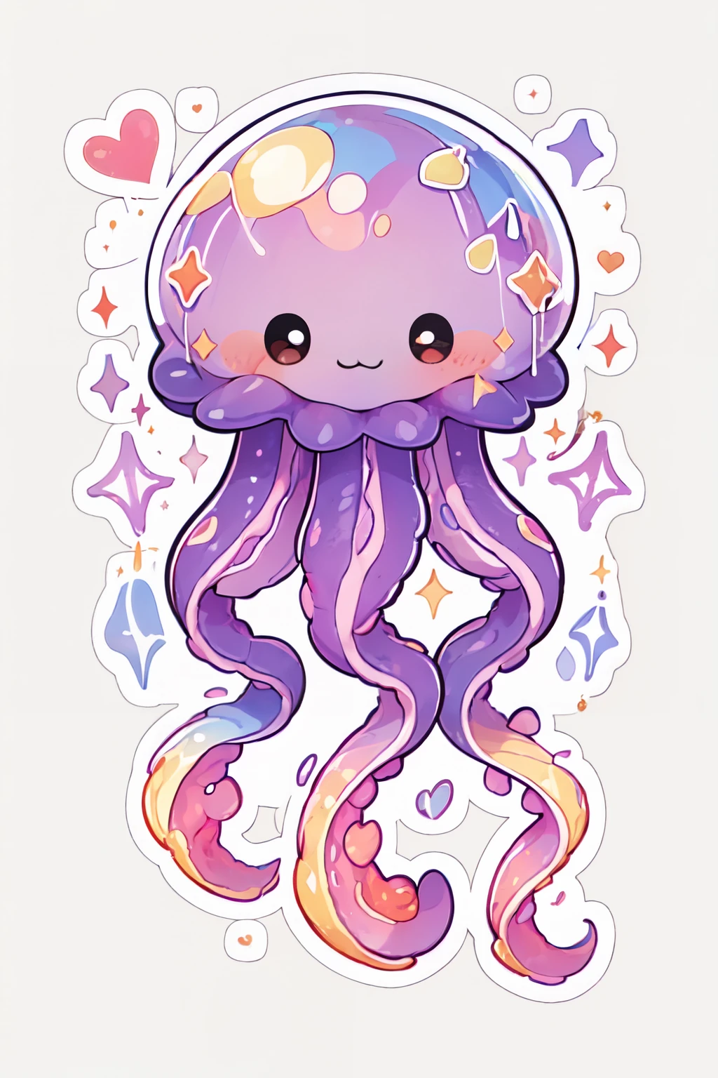 <lora:Kawaii:1>,     solo, looking at viewer, smile, simple background, white background, brown eyes, closed mouth, full body, heart, black eyes, no humans, sparkle, :3, tentacles, outline, white outline, jellyfish, purple skin, rainbow, rainbow skin,