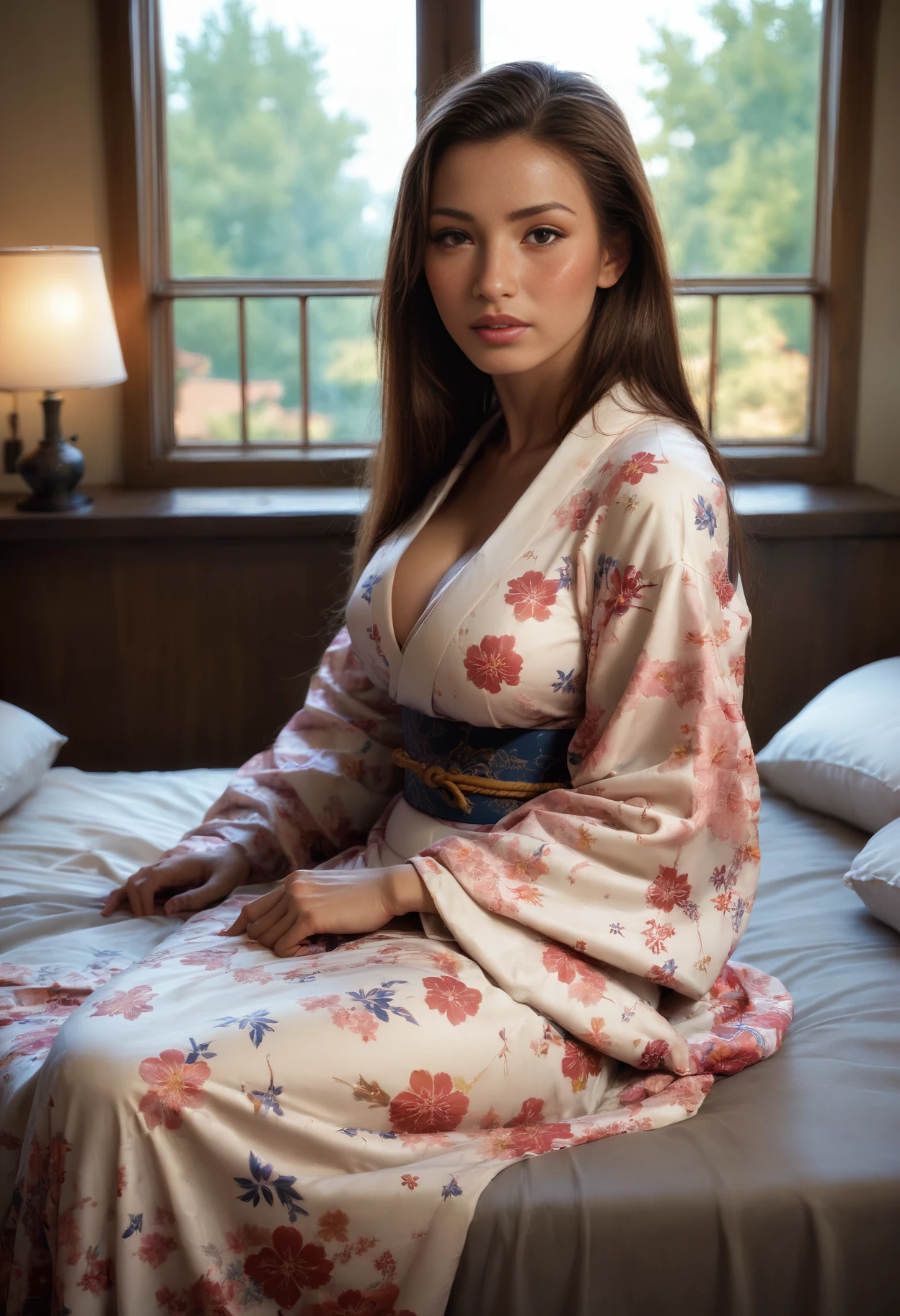 score_9, score_8_up, score_7_up,   1girl, solo, long  brown hair,  looking at viewer, blush, large breasts,  kimono, lying. on side, on bed, indoors, pillow, lamp, window, parted lips,  day, , brown eyes,  blurry, lips, blurry background,  
allison photodromm
<lora:alphd_pony_v2:1>
 <lora:Pony_DetailV2.0:0.7>