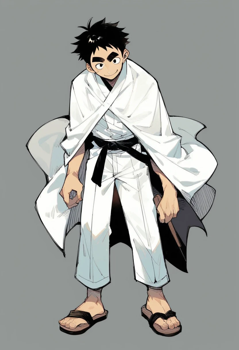 sushiroco, solo, smile, black hair, 1boy, male focus, sandals, thick eyebrows, Asian, slant eyes, black eyes, white cloak, black karate belt, brown sandals, white pants