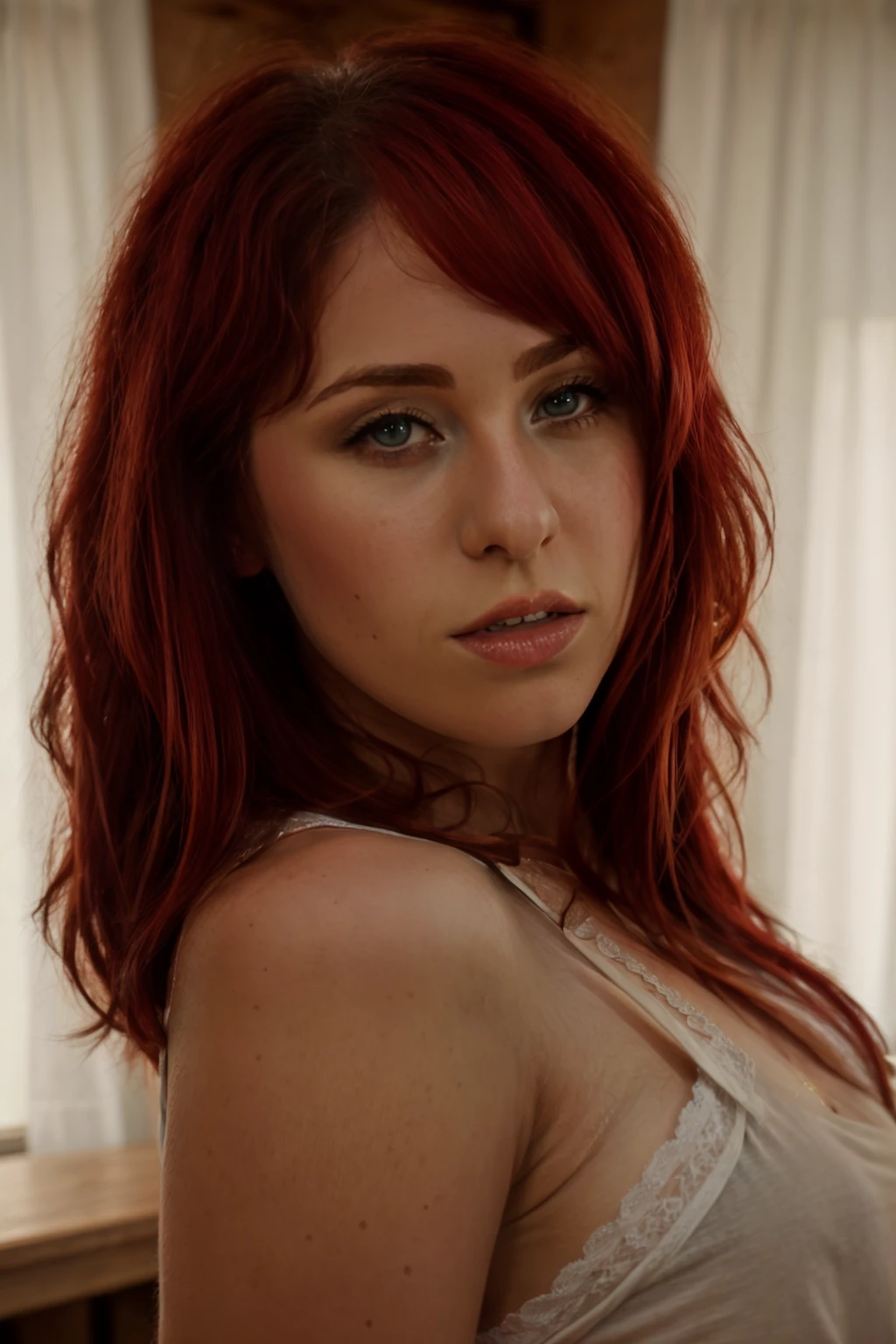 raw photo, (25yo redhead girl:1.2), makeup, graphic eyeliner, rouge, (choker:0.9), realistic skin texture, oversize shirt, (red:0.8), softcore, warm lighting, cosy atmosphere, instagram style