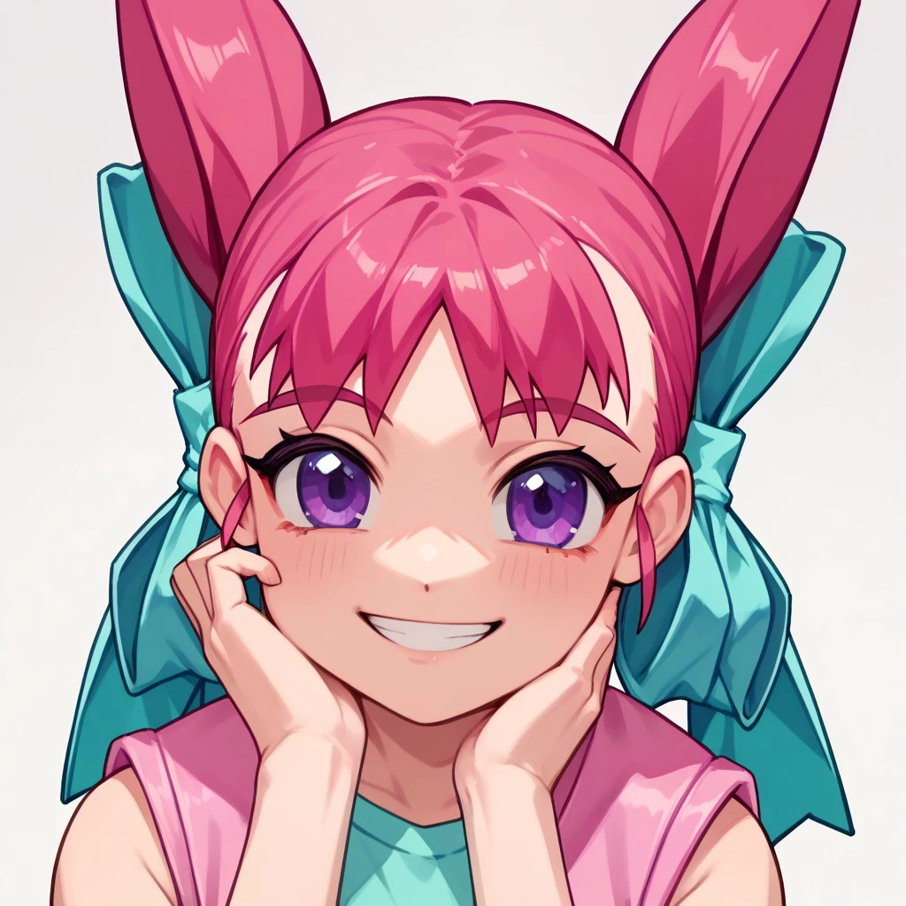 score_9, score_8_up, score_7_up BREAK MoroKoni, 1girl, pink hair, purple eyes, cyan bows, sleeveless open pink jacket, cyan shirt, face closeup, smiling for viewer, face view,