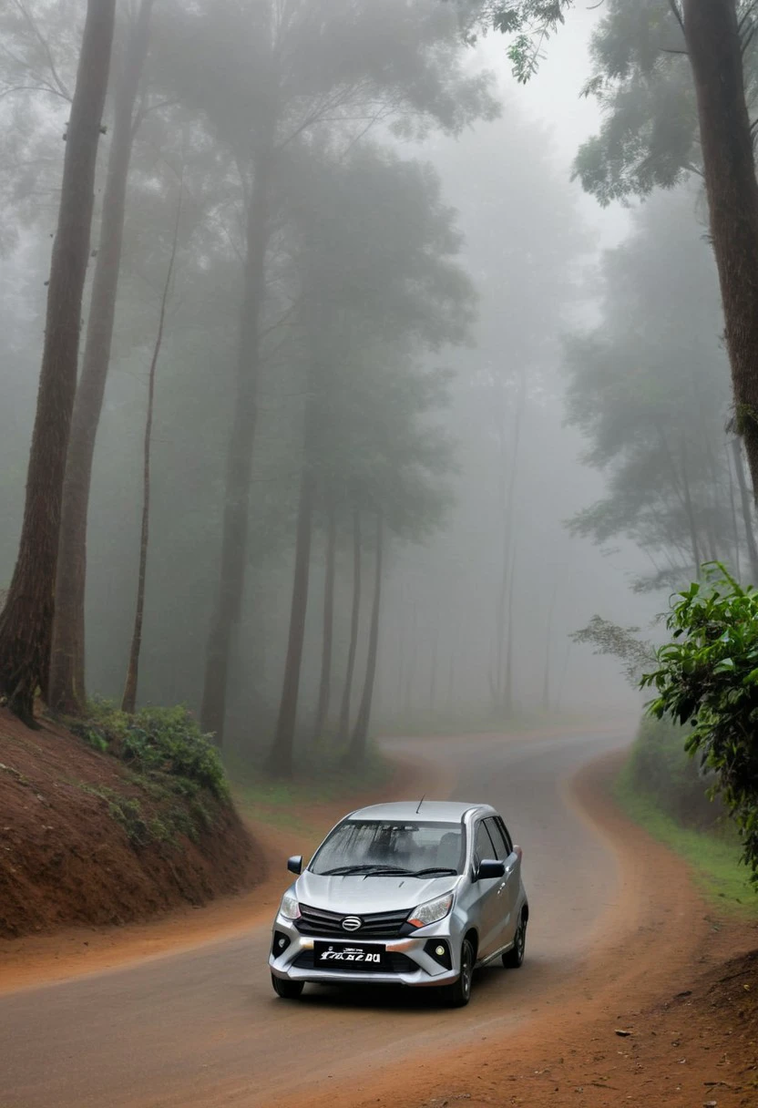 high resolution, best quality, Car, Daihatsu Sigra, Foggy morning, dense forest, winding path,