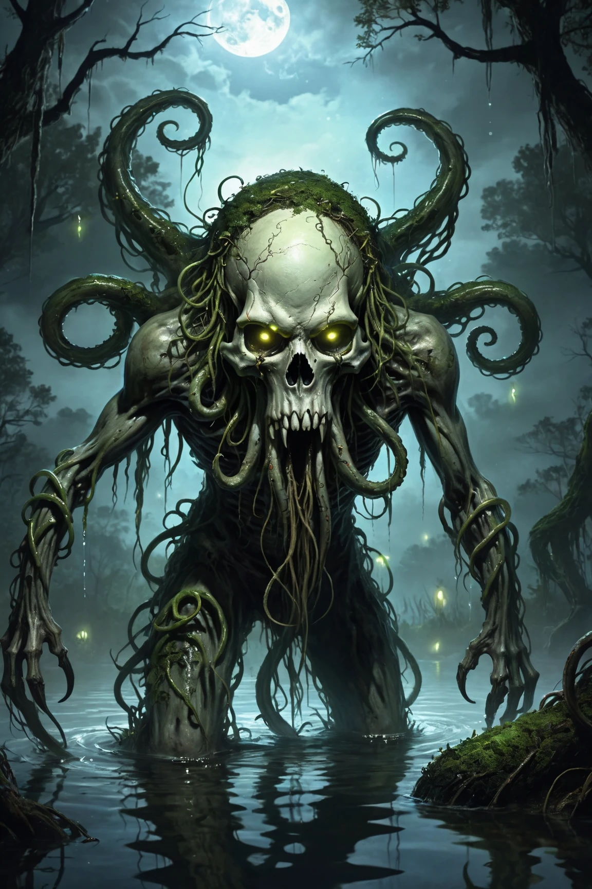 from_side from_below RPG concept art of a dark swamp eldritch monster (skull face:1.2) creature with (tentacles:1.2) rising out of the water moss slime vines churning water fireflies midnight moonlight backlight, cinematic color grading
