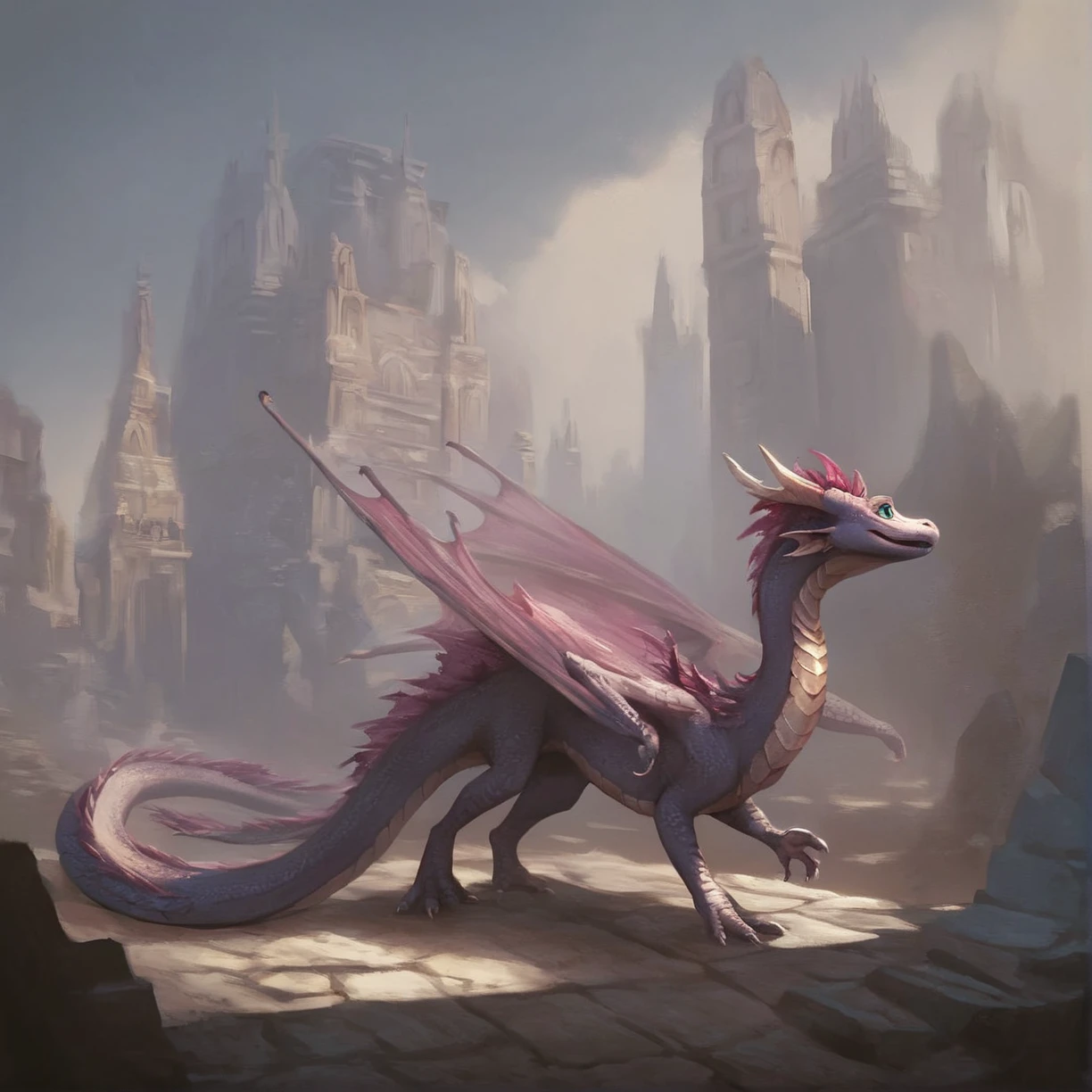 <lora:Female_Feral_Dragon_Concept_PonyXL:0.65> feral, western dragon, score_9, score_8_up, score_7_up, score_6_up, score_5_up, score_4_up, source_furry, rating_safe,  female, wings, detailed background, fantasy, full body, quadruped, folded wings, magenta hair, teal eyes, navy body, on top of a skyscraper,  fantasy, detailed scales