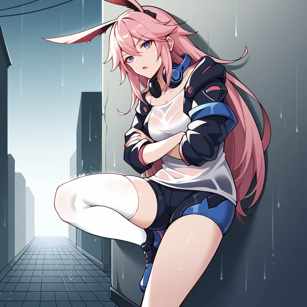 score_9_up, score_8_up, score_7_up, score_6up, source_anime, 1girl, solo, Yae_Sakura, Yae_Def, masterpiece, best quality, shadow, cloudy, raining, wet, standing on one leg against wall, bend knee, from side, serious emotionless, from side, looking at you, crossed arms, open mouth, long hair, pink hair, yae sakura, white shirt, hair between eyes, see-through shirt, black shorts, jacket, fox ears, headphones around neck, single glove, white thighhighs, single thighhigh, dynamic cowboy shot, mature body, outdoors, cyberpunk, alleyway background,