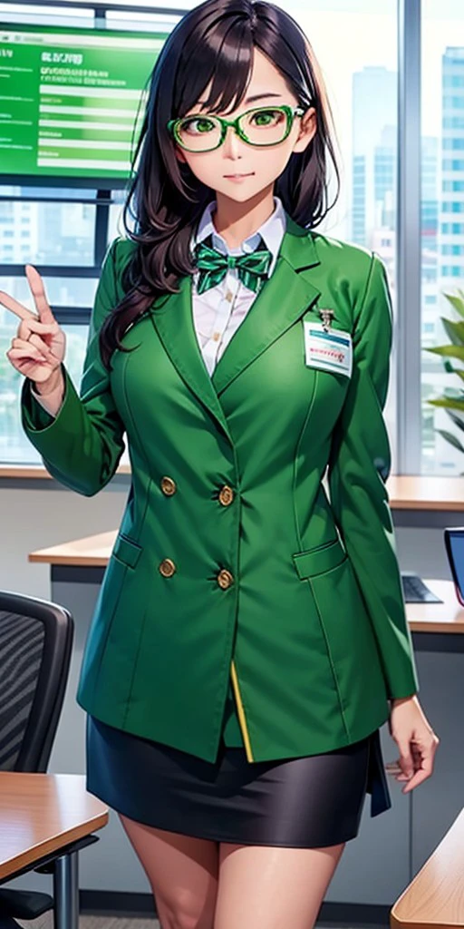 Asian nerd female accountant buttoned up style, green pea coat, black skirt, tsundere expression, glasses, athletic figure, green rimmed glasses, slightly curvy, beautiful long black hair, cold, mean face looking at viewer, in a corporate meeting room,, <lora:c36cbe47-4533-4d6e-a8ae-cc63e3e2d6ae:0.7>