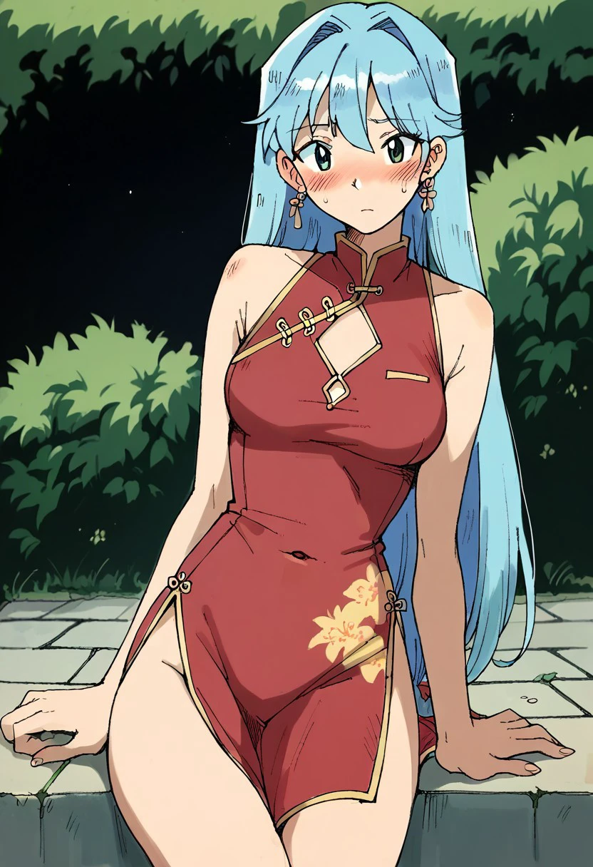 Detailed,Trafitional media,(bpb1:1.2),score_9, score_8_up, score_7_up, score_6_up,1girl , chinese dress, :p , looking at viewer, Blushing, long light blue hair