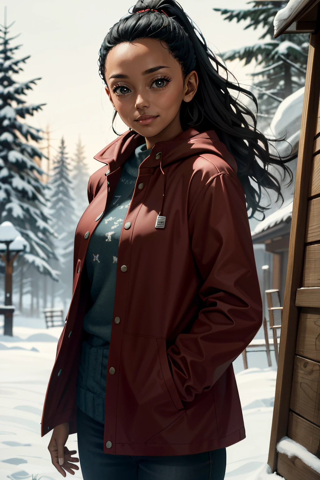 ((ultra detailed, masterpiece, absurdres))
<lora:AWSaga:0.8>
AWSaga, 1girl, very dark skin, brown eyes, black hair, long hair, looking at viewer, in a winter wonderland, cowboy shot, winter clothing, smile