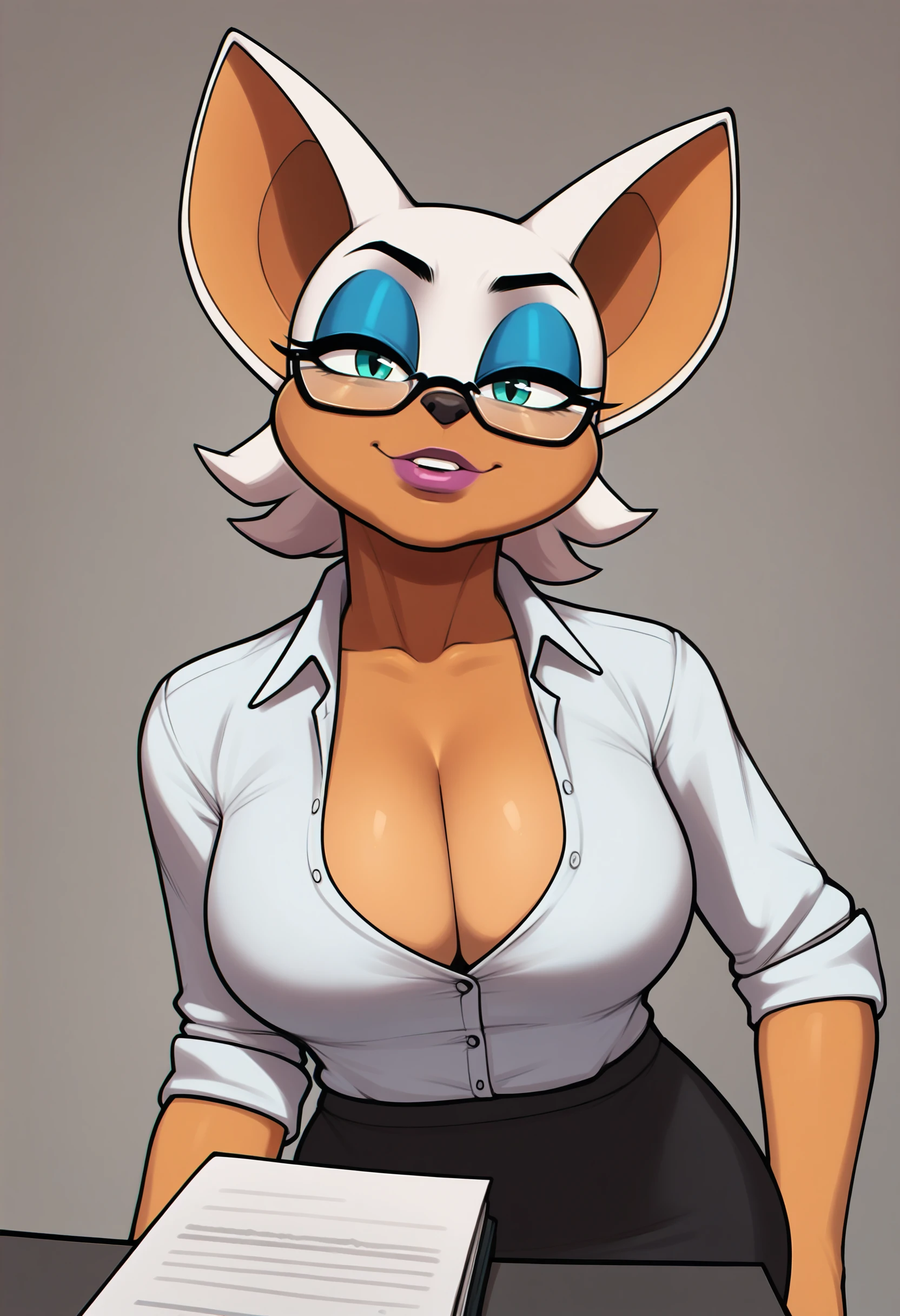 score_9, score_7_up <lora:mrpotatoparty-guy-PONY-DORAv101:1>, 1girl, solo, portrait, rouge the bat, cleavage, collared shirt, glasses, office lady, furry,