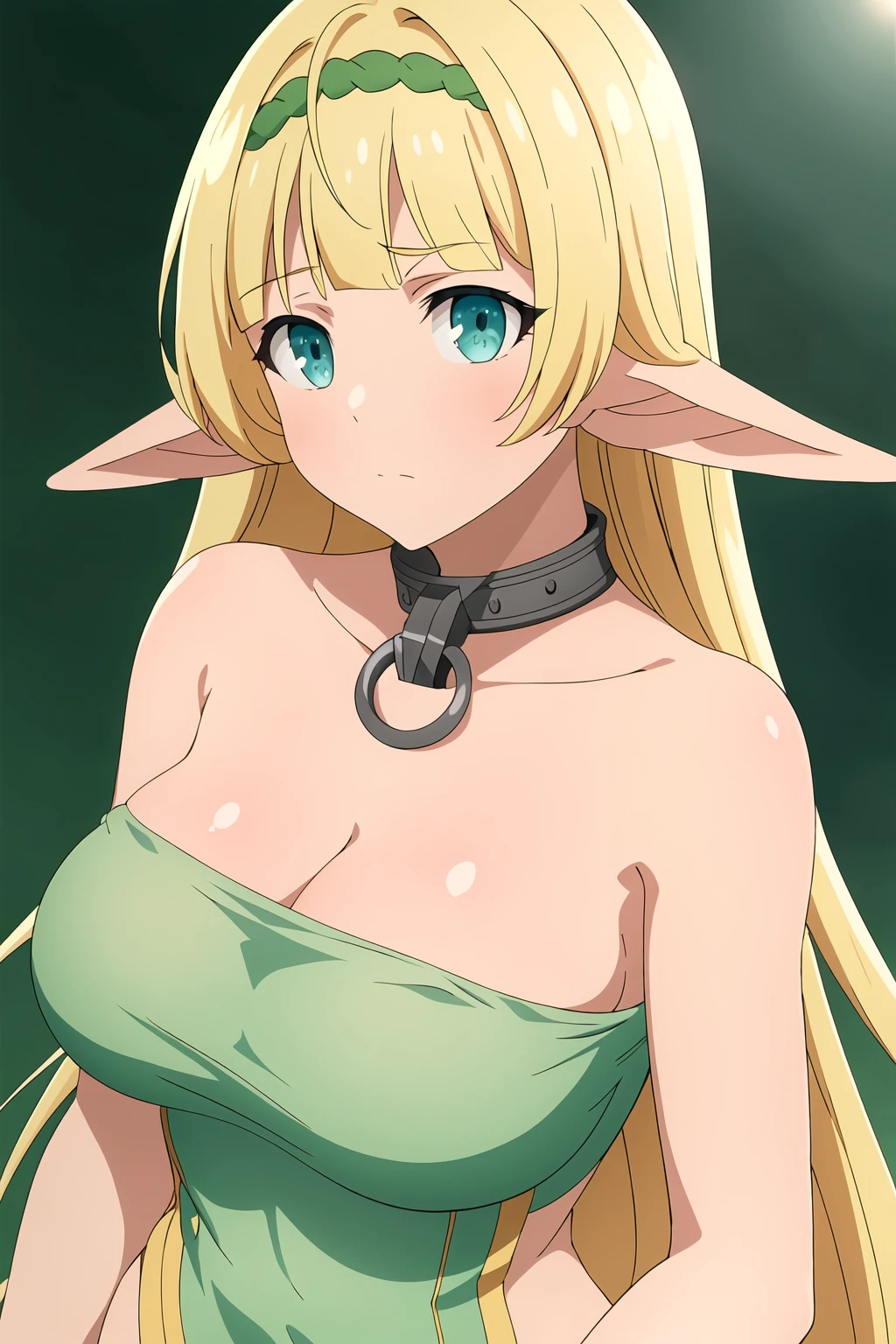 Simple Background,green Background,
dynamic pose,standing at attention,
naked towel, bare shoulders, collarbone, cleavage,
<lora:Shera_L_Greenwood_IsekaiMaou-KK77-V2:0.8>,pointy ears,elf,metal Choker,
aqua eyes, blonde hair,Long hair,blunt bangs, Green hairband,
<lora:more_details:0.1>,<lora:Oda_Non_Style-KK77-V2:0.2>,
1 girl, 20yo,Young female,Beautiful long legs,Beautiful body,
Beautiful Nose,Beautiful character design, perfect eyes, perfect face,expressive eyes,perfect balance,
looking at viewer,(Focus on her face),closed mouth, (innocent_big_eyes:1.0),(Light_Smile:0.3),
official art,extremely detailed CG unity 8k wallpaper, perfect lighting,Colorful, Bright_Front_face_Lighting,White skin,
(masterpiece:1.0),(best_quality:1.0), ultra high res,4K,ultra-detailed,
photography, 8K, HDR, highres, absurdres:1.2, Kodak portra 400, film grain, blurry background, bokeh:1.2, lens flare, (vibrant_color:1.2),professional photograph,
(Beautiful,large_Breasts:1.4), (beautiful_face:1.5),(narrow_waist),