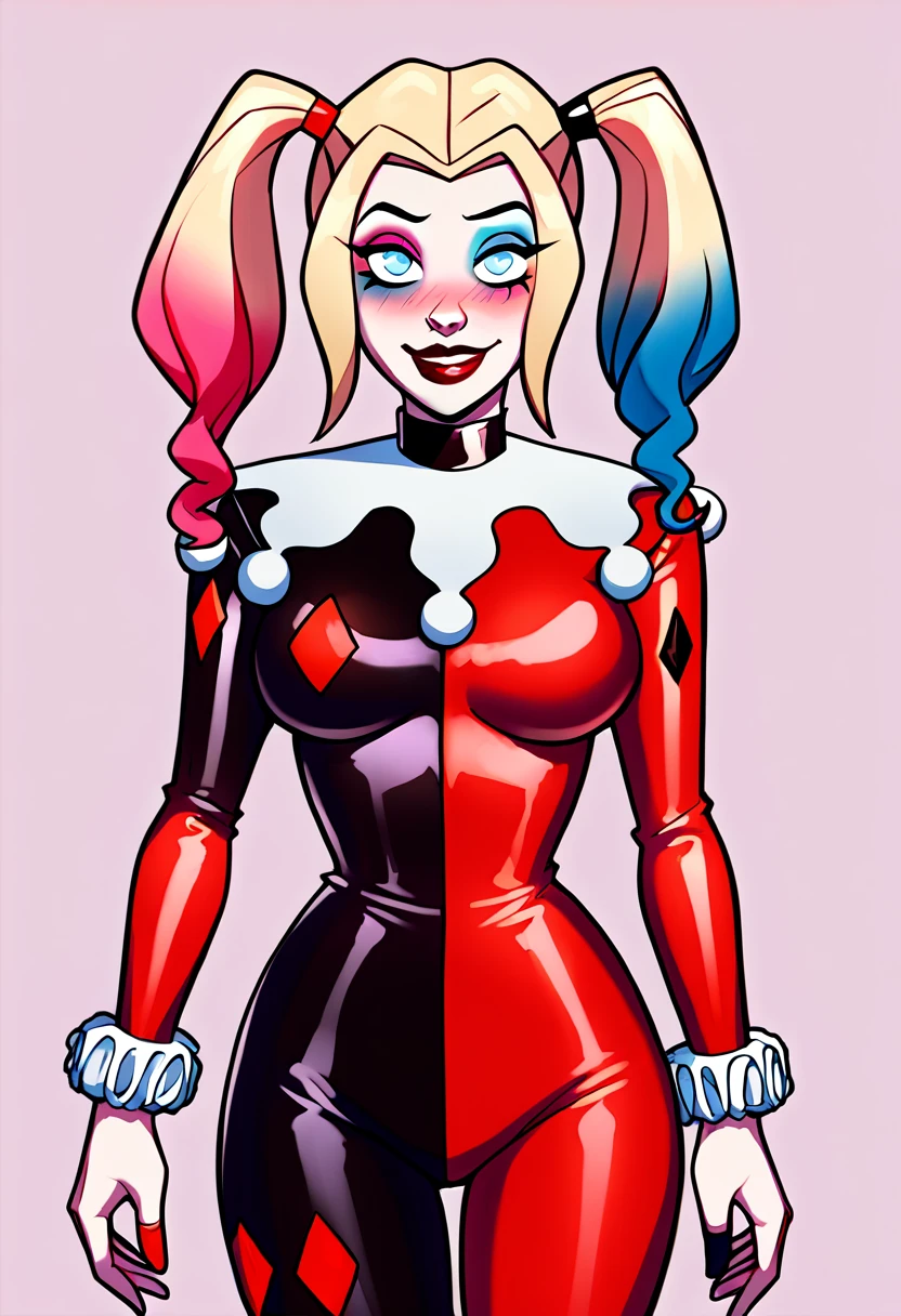 score_9, score_8_up, score_7_up, source_anime, source_cartoon, rating_safe 1girl, solo  HQ2019, harley quinn, black and red bodysuit,  classic outfit
(cartoon, anime),detailed face, (cowboy shot), (source_cartoon), pinup, detailed eyes, masterpiece,  makeup, blush, eyeshadow, eyelashes, lipstick
simple background, 
seductive,nsfw,lewd,sensual,  large breasts, hips, thighs, sexy pose, adult
woman,1girl, , looking  at viewer,  happy, flirting eyes,  blushing          
 <lora:Harley_Quinn_2019_Pony:1>