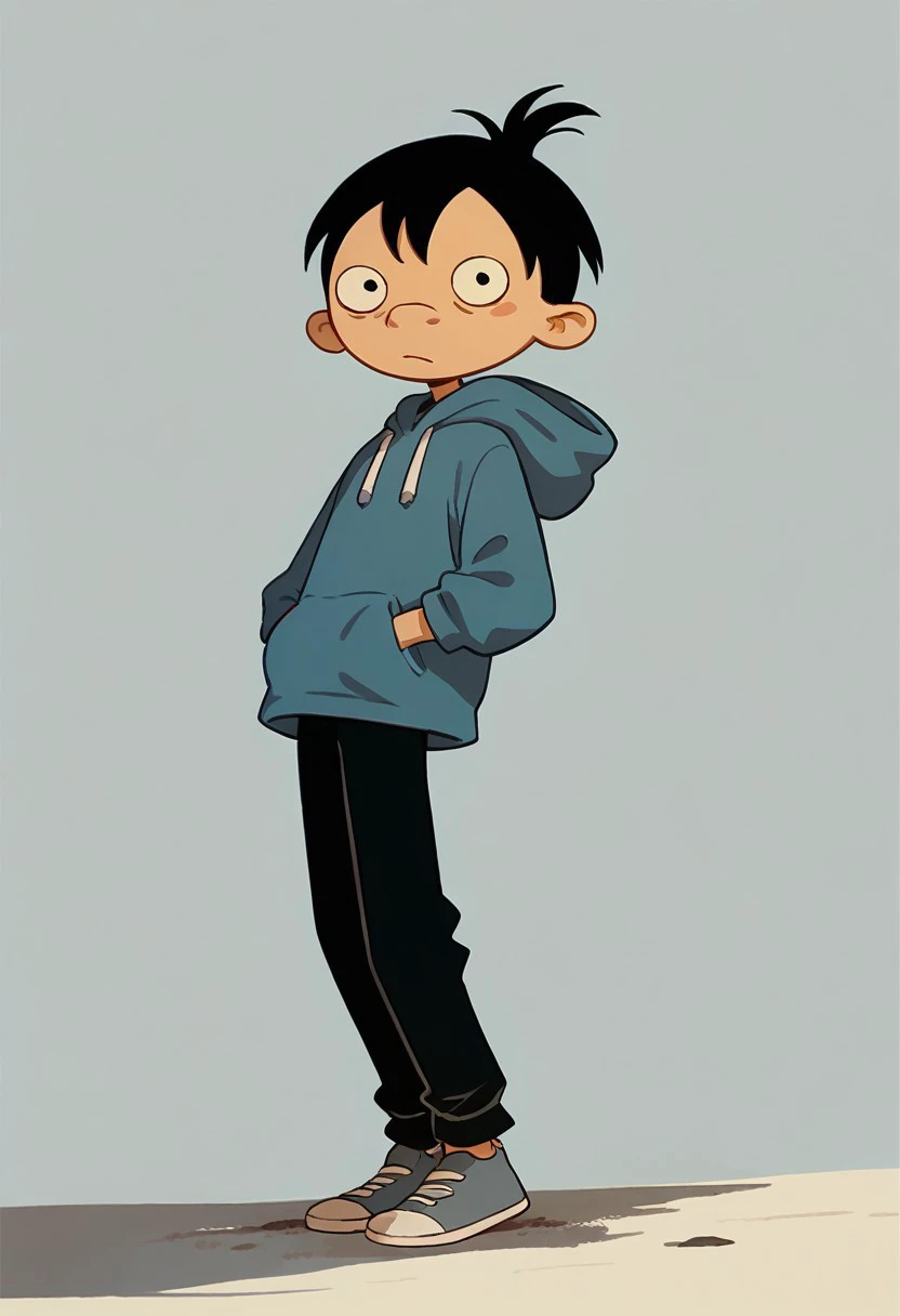 solo, score_9, score_8_up, score_7_up BREAK ChocoboyHA, 1boy, black hair, black eyes, blue hoodie, black pants, gray shoes, full body, hands in pockets, ignoring viewer, solo focus,