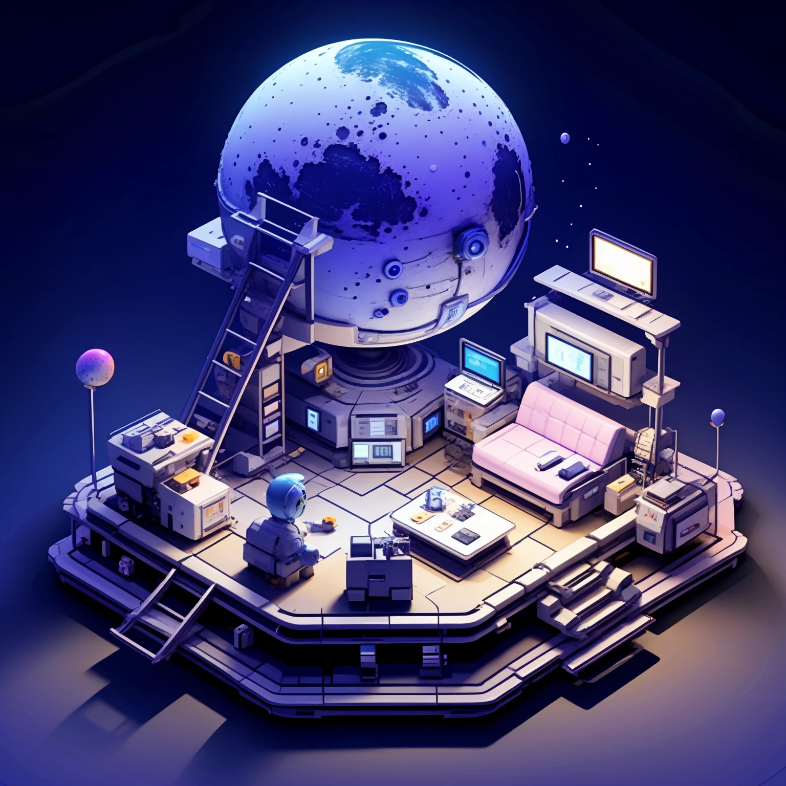 HEZI,game scene,Indoor scene,45 degree scene,Cute style,television,planet,sitting,robot,monitor,ladder,book,indoors,globe,stairs,1boy,chair,moon,window,cable,box,cup,game console,closed eyes,computer,earth \(planet\),no humans,