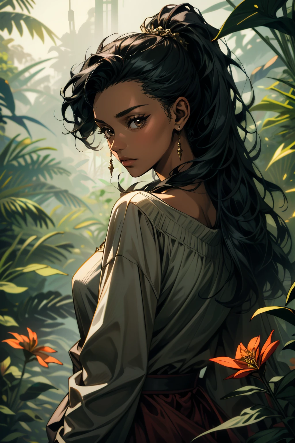 ((ultra detailed, masterpiece, absurdres))
<lora:AWSaga:0.8>
AWSaga, 1girl, very dark skin, brown eyes, black hair, long hair, looking at viewer, in a lush jungle with vibrant flowers, from behind, looking back